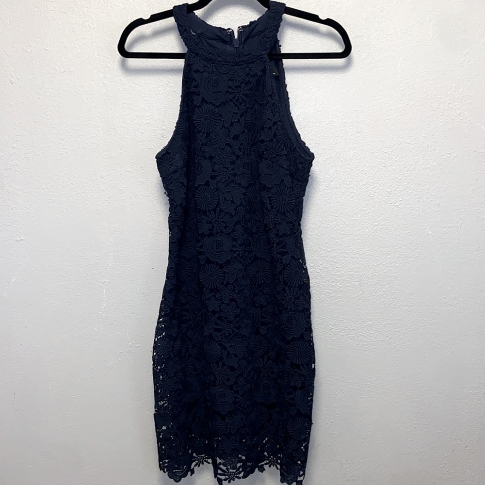 Lulu's Size L Love Poem Navy Floral Lace Lined Halter Mini Dress 3575 - Picture 4 of 12